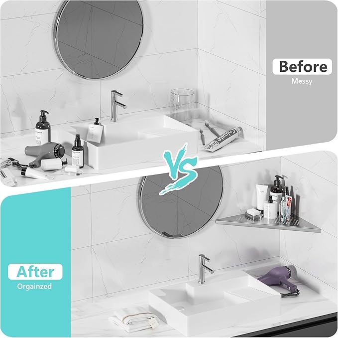 Bathroom Corner Shelf, Recessed 12" Shower Shelf Caddy, SUS304 Stainless Steel Shelf Wall Mount Triangular, No Drilling, Brushed Nickel