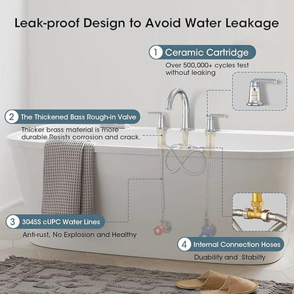 High Flow Roman Tub Faucet with Valve, Widespread Solid Brass 3 Hole Bathtub Faucet, 2 Handle Deck Mount Bath Tub Filler with Supply Water Hoses, Polished Chrome