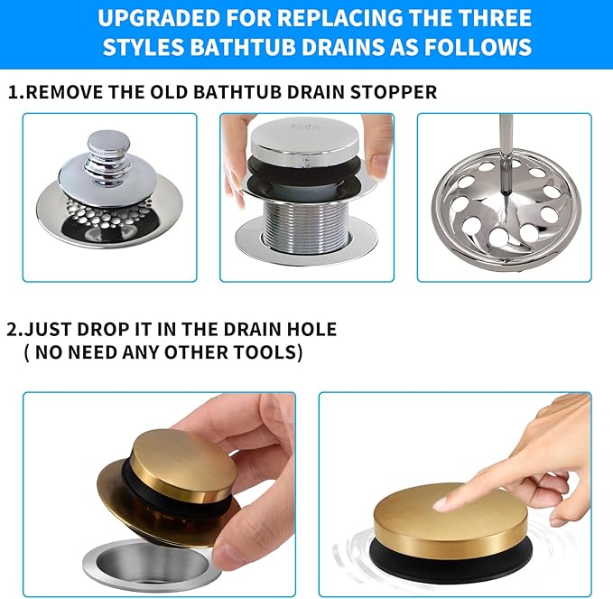 Bathtub Drain Stopper, Uxoz Universal Tub Stopper for Replacing Tip Toe/Trip Lever/Lift&Turn Tub Drain, Bath Tub Drain Stoppers Desiged for 1.5"-1.72" Drain Hole w/3 O-Rings, Gold