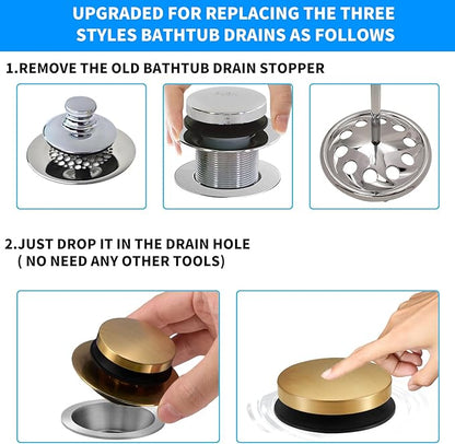 Bathtub Drain Stopper, Uxoz Universal Tub Stopper for Replacing Tip Toe/Trip Lever/Lift&Turn Tub Drain, Bath Tub Drain Stoppers Desiged for 1.5"-1.72" Drain Hole w/3 O-Rings, Gold