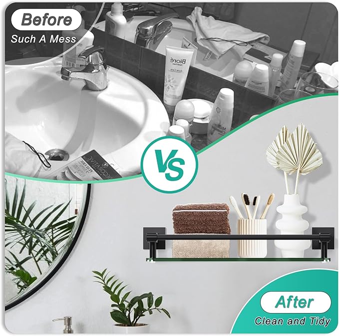 Glass Shelf 16IN for Bathroom Black Rectangular Stainless Steel Tempered Glass Modern Wall Mount Shelf Sink Over Toilet Bathroom Organizer (Matte Black, 16‘’)