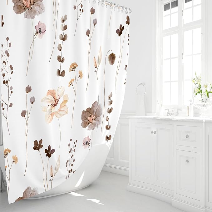 Gibelle Extra Long Shower Curtain 72 x 84, Watercolor Floral Fabric Shower Curtain, Brown Beige Flower Decorative Bathroom Shower Curtain Set