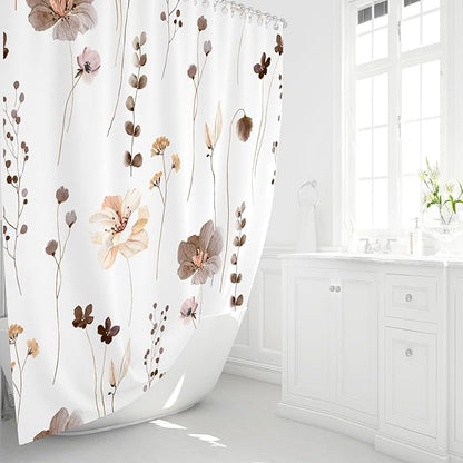 Gibelle Extra Long Shower Curtain 72 x 84, Watercolor Floral Fabric Shower Curtain, Brown Beige Flower Decorative Bathroom Shower Curtain Set