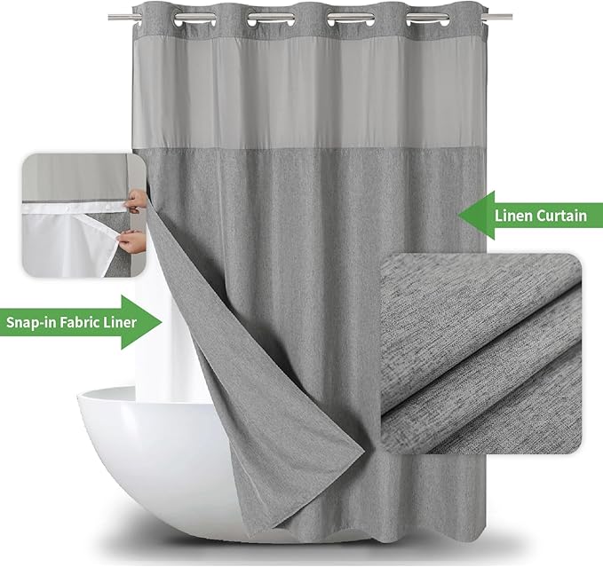 Extra Long No Hooks Needed Linen Textured Shower Curtain with Snap-in Fabric Liner Set,Grey Hotel Luxury Decor Shower Curtains for Bathroom,Waterproof & Washable,71Wx86H