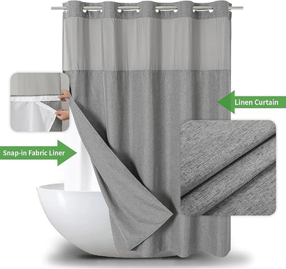 No Hooks Needed Linen Textured Shower Curtain with Snap-in Fabric Liner Set,Grey Hotel Luxury Decor Shower Curtains for Bathroom,Waterproof & Washable,71Wx77H