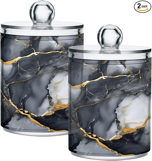 MNSRUU 2 Pack Qtip Holder Organizer Dispenser Abstract Black White Gold Marble Bathroom Storage Canister Plastic Cotton Ball Holder Bathroom Containers for Cotton Swabs/Pads/Floss