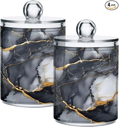 MNSRUU 4 Pack Qtip Holder Organizer Dispenser Abstract Black White Gold Marble Bathroom Containers Bathroom Vanity Storage Canister Apothecary Jars for Cotton Swabs/Pads/Floss