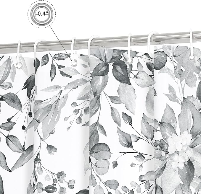 Gibelle Extra Long Shower Curtain 72 x 84, Grey Floral Shower Curtain for Bathroom, Watercolor Plant Eucalyptus Leaves Fabric Shower Curtain Set