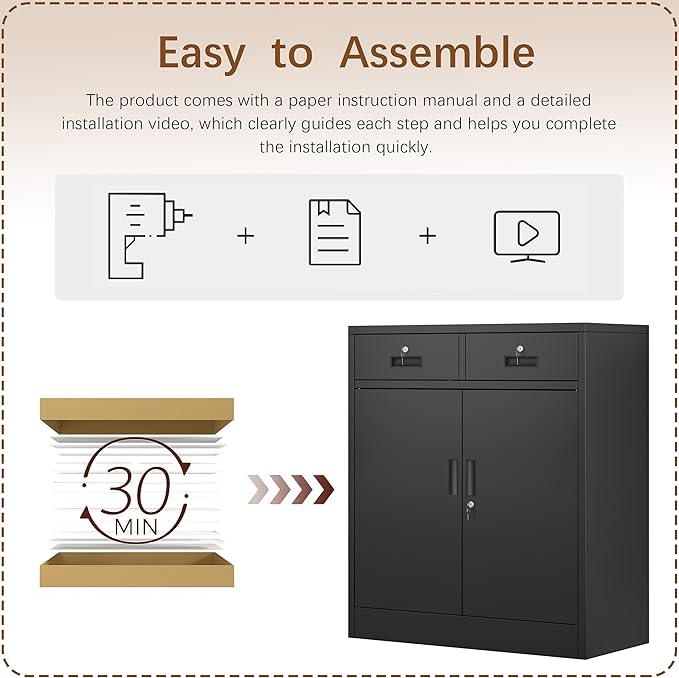 Metal Storage Cabinet with 2 Drawers and Shelves,36"H Locking Kitchen Storage Cabinets,Adjustable Shelf File Cabinet with Doors for Home Office, Garage,Laundry Room,Basement,Utility Room-Black