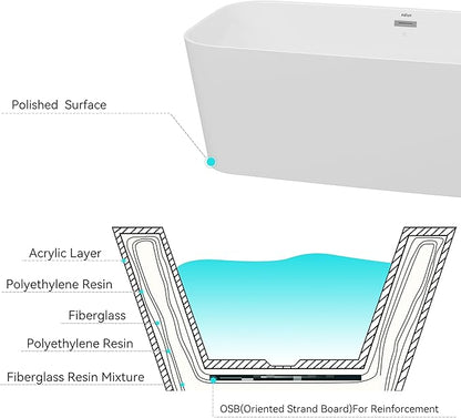 FerdY Maui 67" Freestanding Bathtub Elegant Freestanding Soaking Bathtub, Glossy White, cUPC Certified, Toe-Tap Chrome Drain & Overflow Assembly Included, 02563