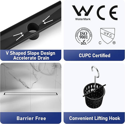 Linear Shower Drain 30", Matte Black Floor Drain with Tiled Insert Grate & Hair Strainer, 304 Stainless Steel Bathroom 2-in-1 Tiled in Drain, CUPC Certified (Matte Black, 30'')