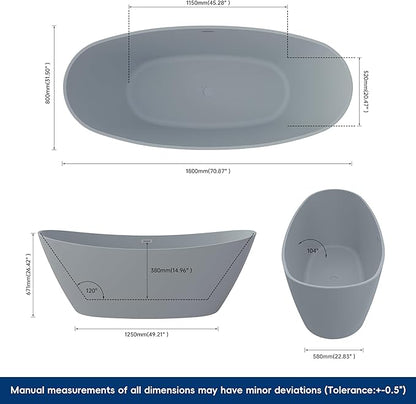 71" Acrylic Freestanding Bathtub, High-back Soaking Tub for Bathroom, Stand Alone Tub, cUPC Certified, Integrated Overflow and Drain, Gloss Grey