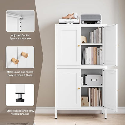 Yizosh Metal Pantry Cabinet,Tall Kitchen Pantry Storage Cabinet with 4 Doors and 2 Adjustable Shelves - 43" White Cupboard Cabinet for Kitchen,Living Room,Dining Room,Home
