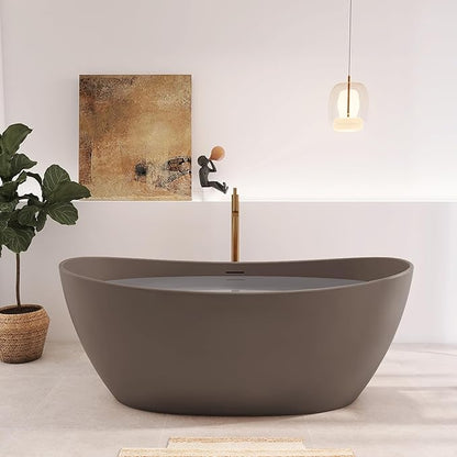 65" Premium Solid Surface Freestanding Bathtub, Contemporary Design Stand Alone Stone Resin Tub with Overflow and Pop-up Drain, Grey Coffee