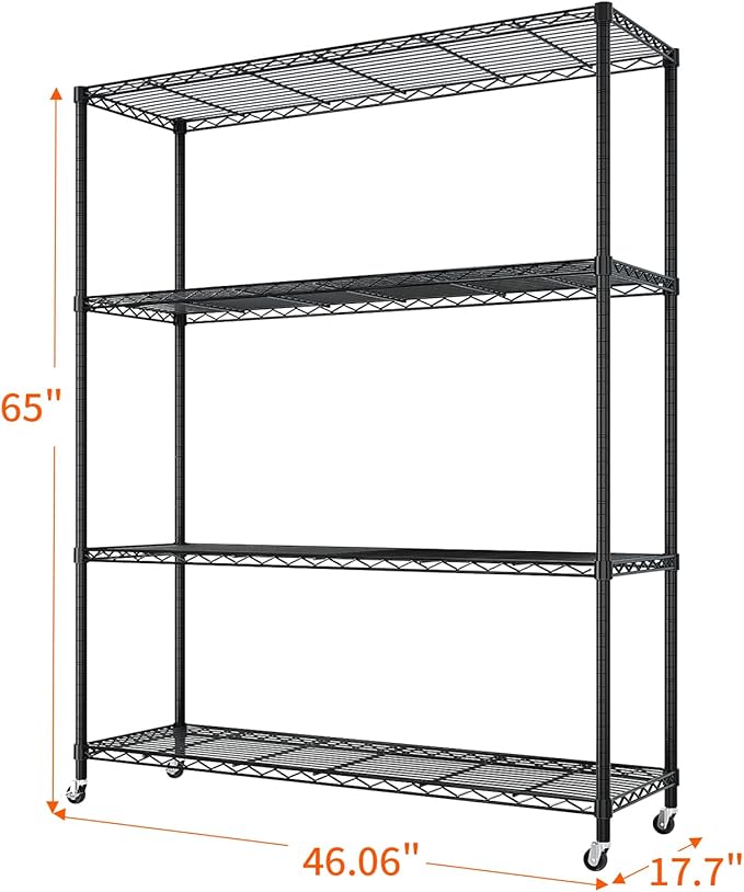 4 Tier Storage Racks Shelving, Heavy Steel Pantry Shelves, Adjustable Wire Shelving Rack with Wheels, Suitable for Garage, Kitchen, Bathroom, Office, 46" W x 18" D x 65" H, Black