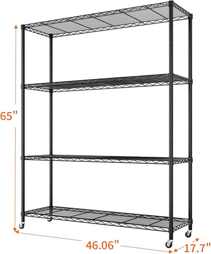 4 Tier Storage Racks Shelving, Heavy Steel Pantry Shelves, Adjustable Wire Shelving Rack with Wheels, Suitable for Garage, Kitchen, Bathroom, Office, 46" W x 18" D x 65" H, Black