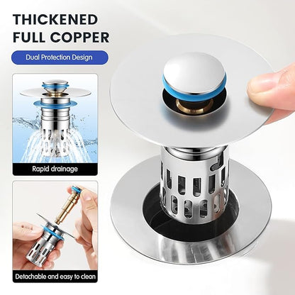 Universal Bathroom Sink Stopper, Pop Up Sink Drain Strainer Plug with Removable Stainless Steel Filter Basket Hair Catcher,Solid Brass Body,Bathroom Bathtub Drain Stopper,Bright Silver