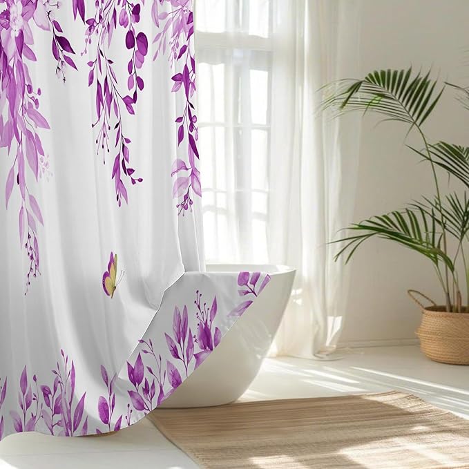 No Hook Shower Curtain and Liner Set, Purple Eucalyptus Floral Shower Curtains for Bathroom, Bath Curtain Sets with Snap in Liner, Waterproof with See Through Top Window, 71x74 Inches