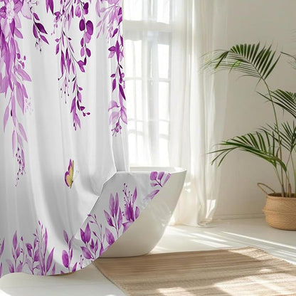 No Hook Shower Curtain and Liner Set, Purple Eucalyptus Floral Shower Curtains for Bathroom, Bath Curtain Sets with Snap in Liner, Waterproof with See Through Top Window, 71x77 Inches