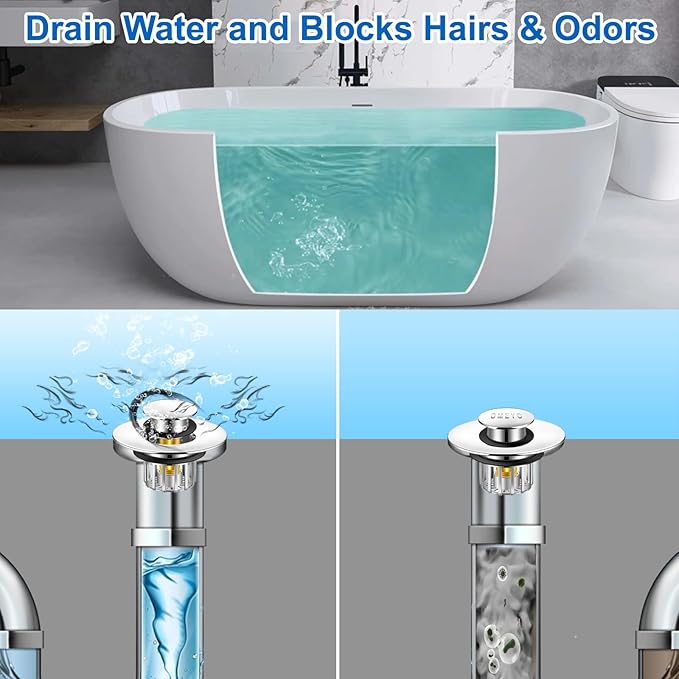 Bathtub Drain Stopper, Pop-Up Tub Stopper with Drain Hair Catcher, Bathtub Plug and Cover with Strainer for 1.5 to 1.8in Tub Drain Hole, Easy to Use