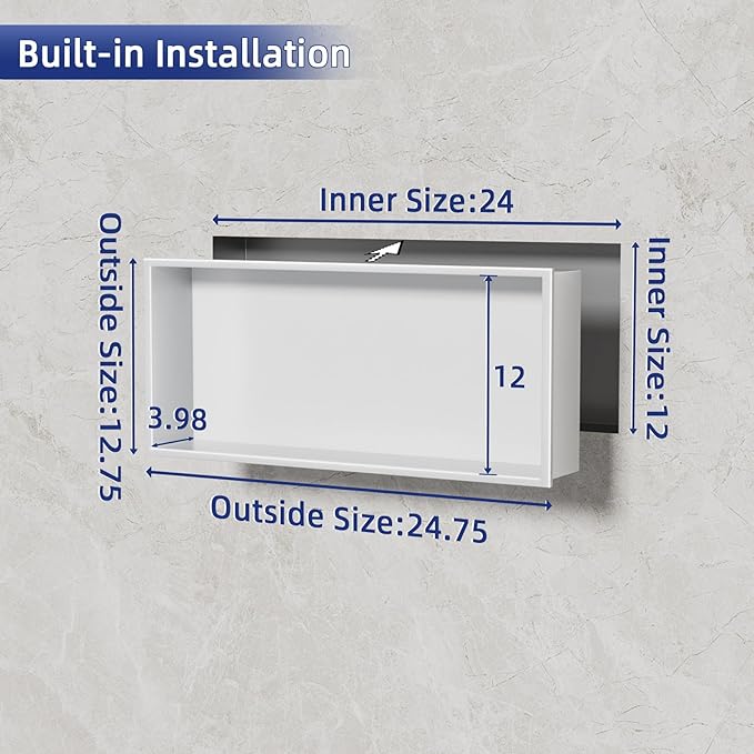 No Tile Needed Shower Niche - 12"x24" White 304 Stainless Steel Recessed Shelf,Over Mount Installation for Bathroom & Shower Wall,Waterproof