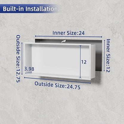 No Tile Needed Shower Niche - 12"x24" White 304 Stainless Steel Recessed Shelf,Over Mount Installation for Bathroom & Shower Wall,Waterproof
