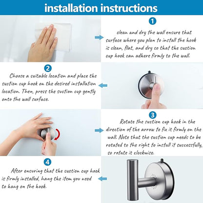 DGYB Large Suction Cup Hooks - Set of 2 Brushed Nickel Towel Hooks for Bathrooms - Stainless Steel Suction Shower Hooks - 15 Lb Removable Wall Hooks for Hanging Heavy Duty
