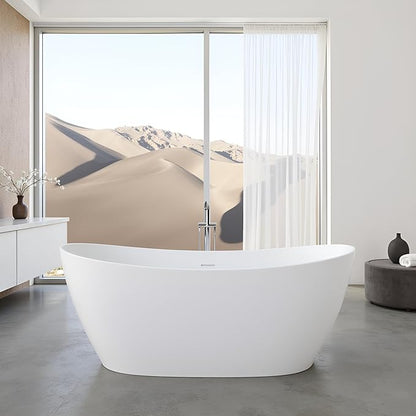 55'' High-back Freestanding Solid Surface Resin Stone Bathtub, Freestanding Tub, Contemporary Design Stand Alone Tub with Pop-up Drain and Overflow, Matte White (Oval)