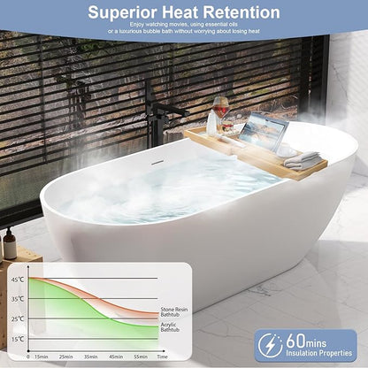 59 Inch Solid Surface Freestanding Bathtub, Oval Shaped Soaking Stone Resin Bath Tub with Brushed Overflow and Drain, Matte White Stand Alone Bathtub, cUPC Certified