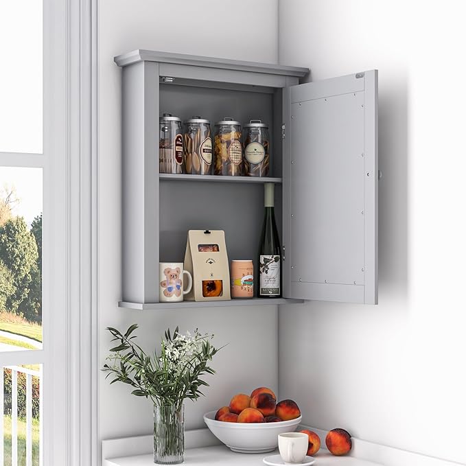 Safeplus Grey Medicine Cabinet with Mirror, Wall Mounted Adjustable Storage for Bathroom, Living Room, Bedroom, Entryway and Kitchen