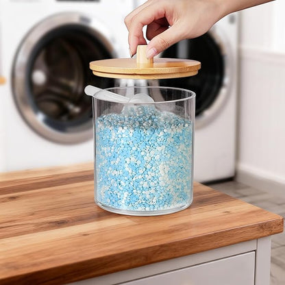 SheeChung 3 Pack 50 Oz Large Apothecary Jar with Bamboo Lid, Laundry Pods Container, Storage Jars for Bathroom Organization, Plastic Canisters with Cute Stickers Spoons(Natural)