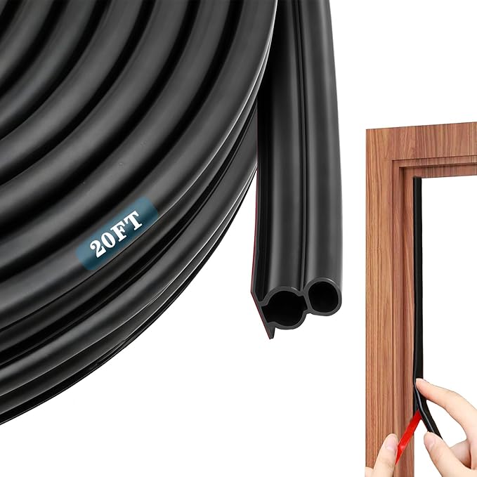 Door Seal Strip for Door Frame, Rubber Weather Stripping Door Seal, Self-Adhesive Extra Thick Insulation Strip, Soundproofing, Dustproof, Large Gap Filler (Black, 20 Ft)