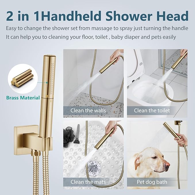 Aolemi Shower System with Rainfall Shower Head and Handheld Wall Mount,High Pressure Shower Faucet Set Fixture Combo with 2 in 1 Handheld Spray Rough-in Valve,12 Inch Shower Head Brushed Gold