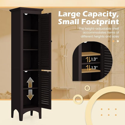 Tangkula 63" Tall Bathroom Storage Cabinet, Freestanding Narrow Linen Tower with Adjustable Shelf, Modern Slim Floor Cabinet with 2 Doors for Bathroom, Living Room, Kitchen (Brown)