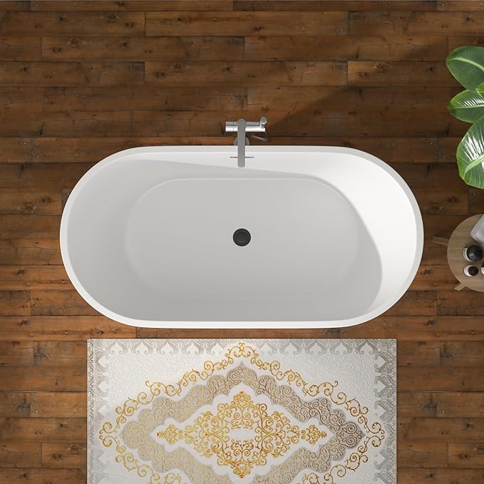 59" Freestanding Acrylic Bathtub White Roll Top Soaking Tub with Black Drain Sleek Finish for Contemporary Bathrooms, YSB9219