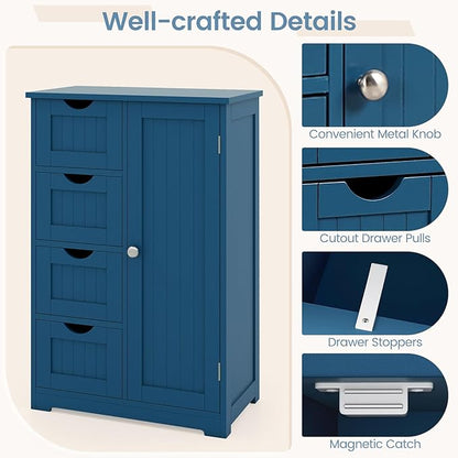 Tangkula Bathroom Floor Cabinet, Freestanding Storage Cabinet with 4 Drawers & Single Door, Adjustable Shelf, Multipurpose Bathroom Storage for Home Office, 21.5 x 12 x 32.5 Inches (Blue)