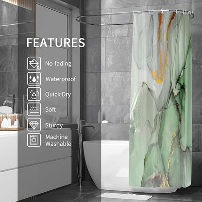 Gibelle Abstract Marble Shower Curtain, Sage Green Jade Texture Gold Stripes Ombre Watercolor Paint, Modern Ink Art Decor Waterproof Fabric Curtain for Bathroom Set, 71x71