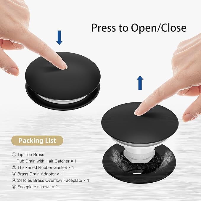 Matte Black Tub Drain Kit with Hair Catcher, Premium Brass Mushroom Tip-Toe Bathroom Tub Drain Replacement and 2-Hole Overflow Faceplate, 11.5/16 UNC Bathtub Drain Stopper Assembly