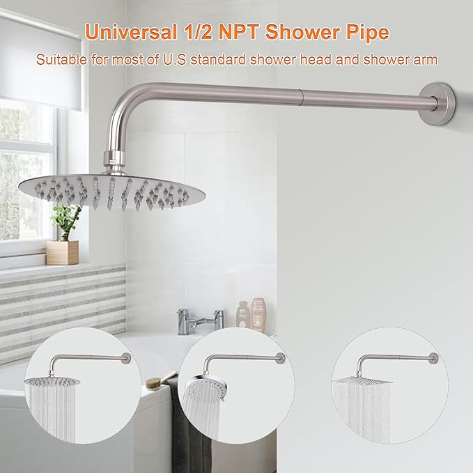 HarJue Shower Arm with Flange and Teflon Tape, Wall Mounted Shower Pipe 304 Stainless Steel Extension Arm for Fixed Shower Head & Handheld (20 Inch, Brushed Nickel)
