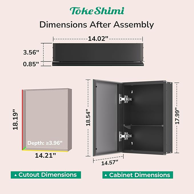 TokeShimi 14 x 18 Black Medicine Cabinet with Mirror, Aluminum Mirror Medicine Cabinet Wall Mounted or Recessed with Stepless Adjustable Amply Storage Metal for Modern Farmhouse