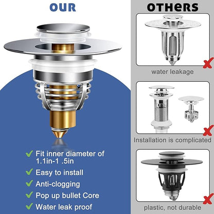 AURUZA 2 Pack Universal Bathroom Sink Stopper, Strainer for 1.1-1.5 Inch Bullet Core Push Type Basin Pop Up Drain Filter,Bathtub Converter with Anti Clogging Basket Hair Catcher