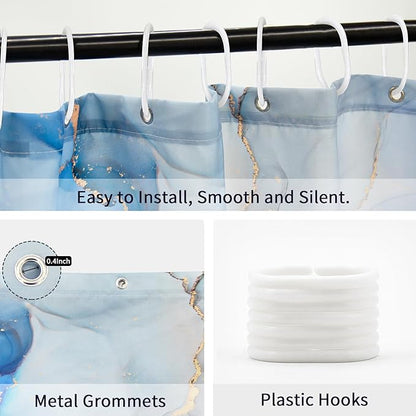 Gibelle Small Stall Shower Curtain 36 x 72, Narrow Half Abstract Blue Grey Marble Shower Curtain, Modern Ink Art Waterproof Fabric Shower Curtain Set with Hooks