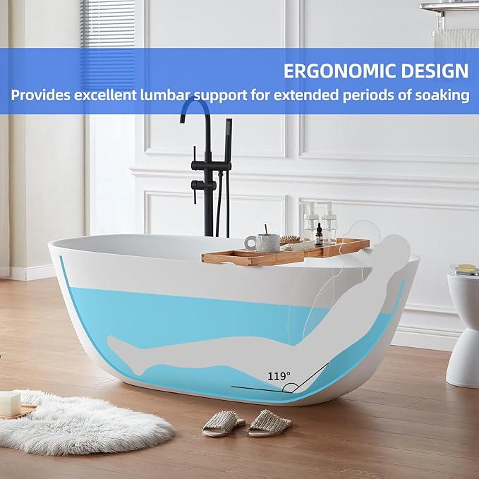 Cpingao 66.9"Lx33.5"Wx22"T Stone Resin Solid Surface Freestanding Bathtub, Modern Elegant Design Soaking Stand Alone Tub, Matte White, Nickel Drain and Overflow Included 8823A