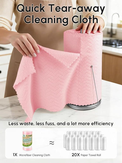 Microfiber Cleaning Cloths Roll, 75 Pack Tear Away Microfiber Towels Roll, 12" x 12" Lint Free Rags, Reusable Cleaning Cloths, Washable, Scratch Free,Ultra Absorbent Dish Rags(Pink Ripple)