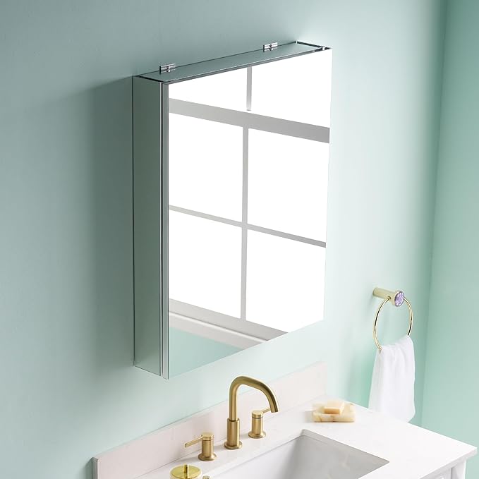 WELLFOR 24" x 30" Bathroom Medicine Cabinet, Anodized Chrome Aluminum Frame, Medicine Cabinet with Adjustable Glass Shelves, Bathroom Cabinet with Reverse Door Installation, Surface or Recessed Mount