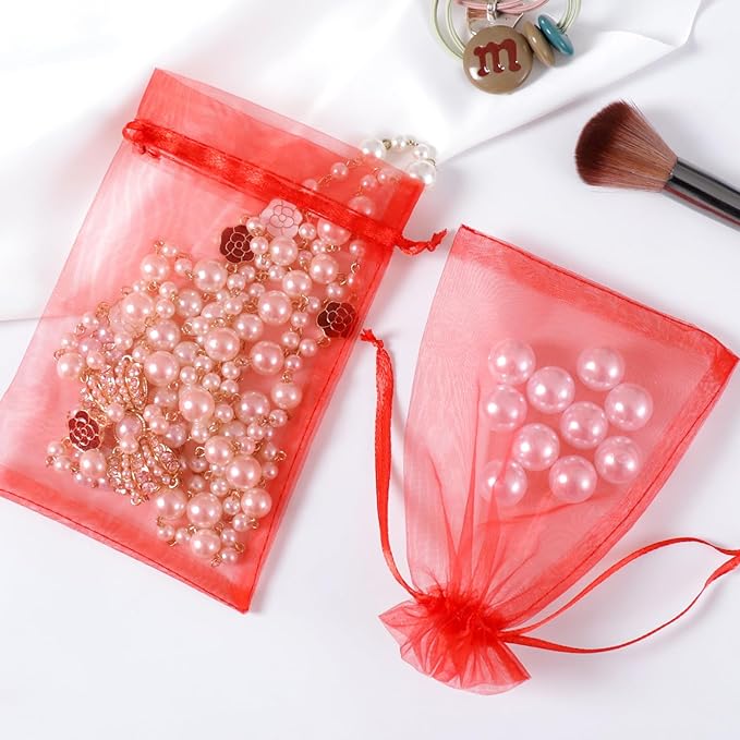 Hopttreely 100pcs Organza Bags, 4 x 4.72 inches Red Christmas Wedding Favors Christmas Gift Drawstring Bags Jewelry Pouches