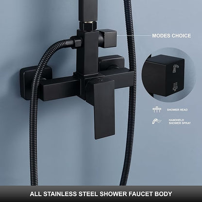 Outdoor Shower Kit, Solid Metal Tangular Outdoor Shower Faucet Fixtures with 8" Rainfall Showerhead with Handheld Sprayer Matte Black
