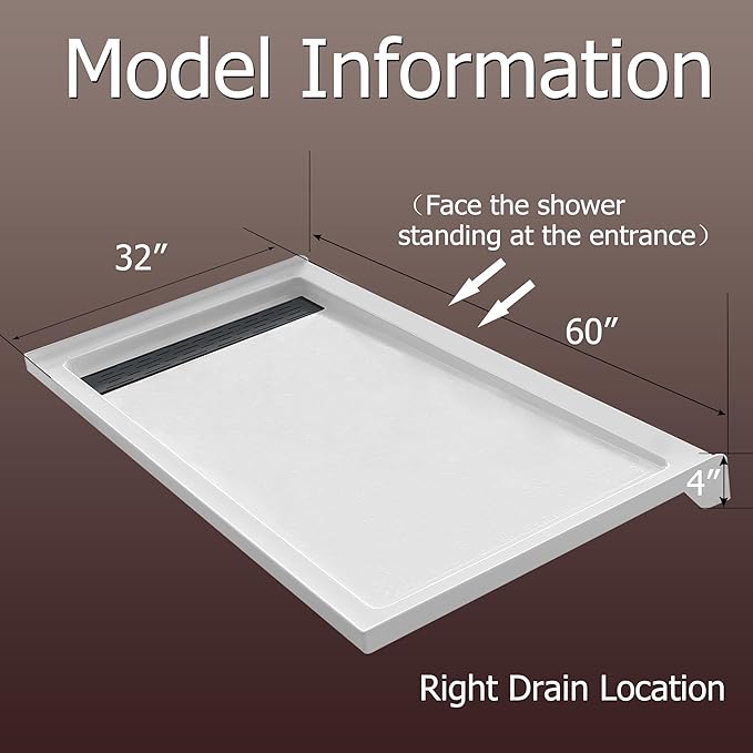 MORVANO 32 x 60 Shower Base with Right Drain and Removable Stainless Cover,Shower Pan Kit Non-Slip in White