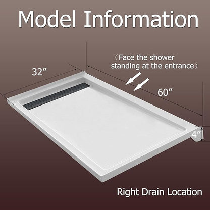 MORVANO 32 x 60 Shower Base with Right Drain and Removable Stainless Cover,Shower Pan Kit Non-Slip in White
