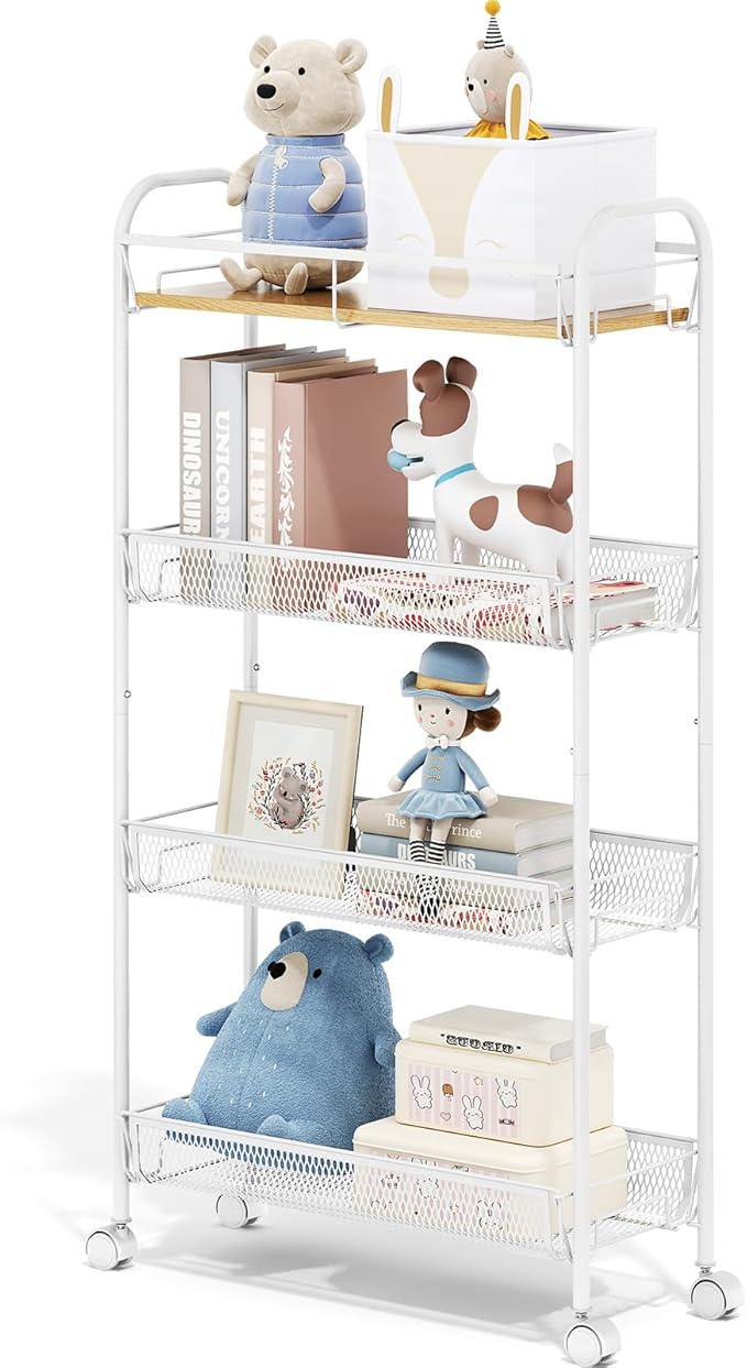 TOOLF 4-Tier Slim Rolling Cart, Metal Utility Cart, Slide Out Storage Cart with Wooden Tabletop and Mesh Baskets for Narrow Space on Kitchen Bathroom Laundry Room Bedroom Apartments Dormitory